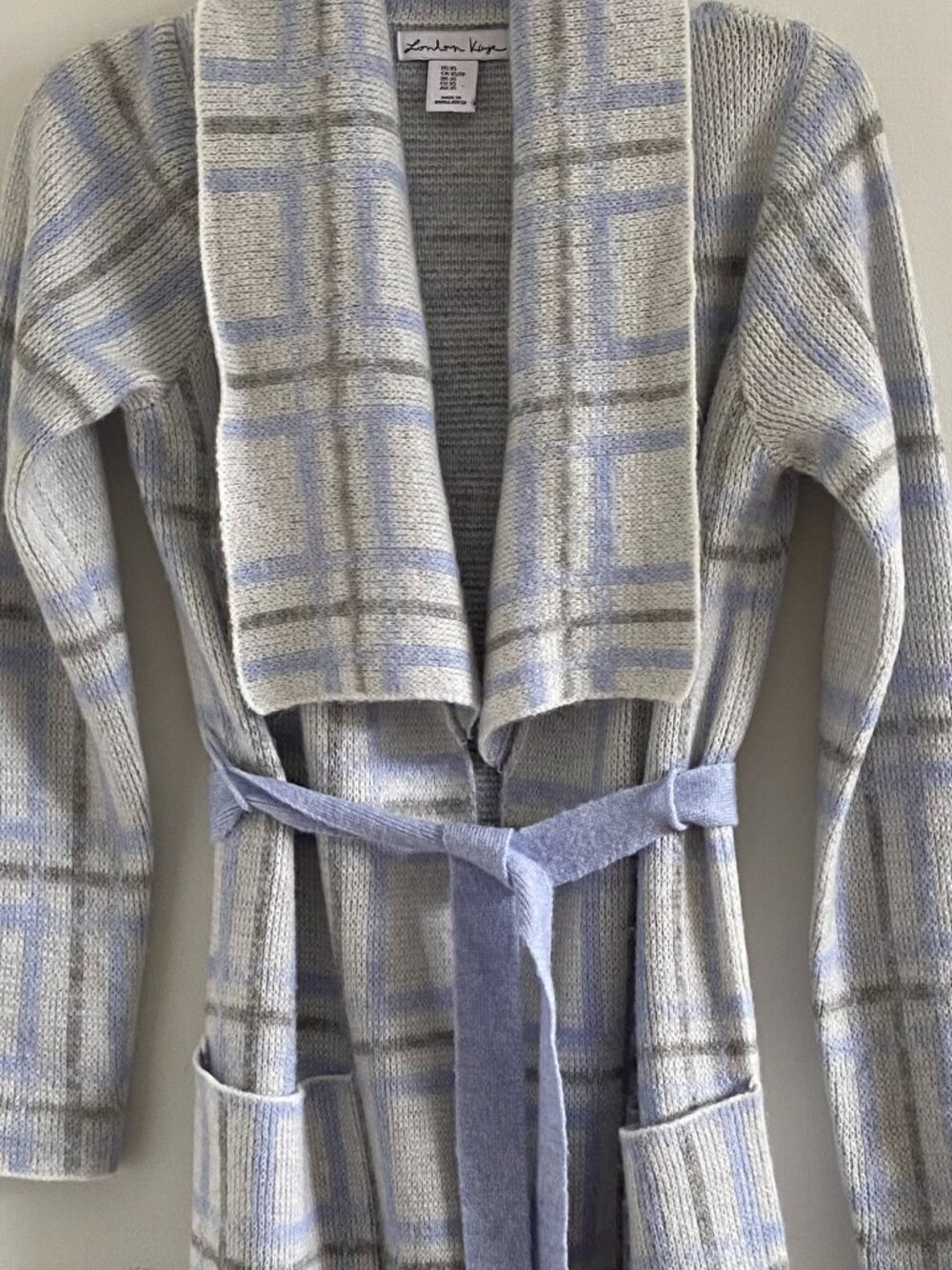 London Kaye Long Plaid Belted Cozy Cardigan Blue Grey XS - Picture 3 of 9